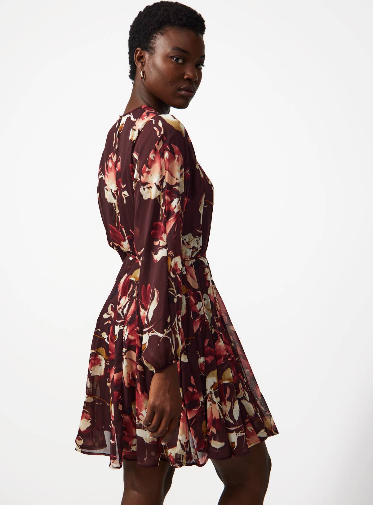 Dark Red Chiffon Skater Floral Mini Dress  8 - Image 4